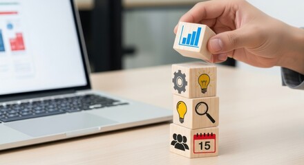 Business Plan Cubes: Hand Stacking Wooden Blocks with Icons for Chart, Idea, Gear, and Team for Strategic Management, Innovation, and Corporate Workflow