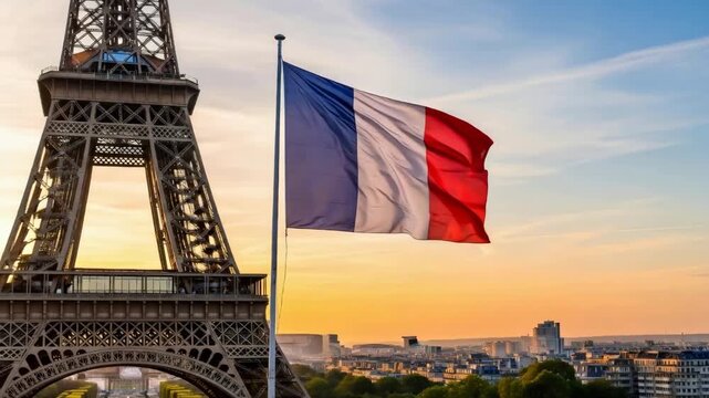 French flag waving with Eiffel tower view at sunset. Patriotism theme for Bastille day celebration and travel to Paris concept.