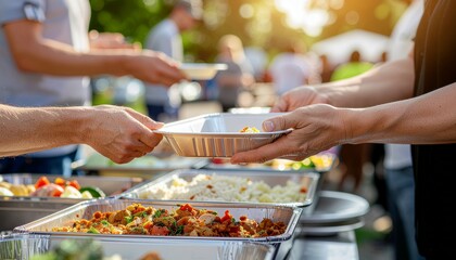 Volunteer serving a hot meal in a foil container at an outdoor community charity event.