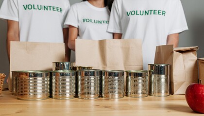 Volunteers preparing food donations with canned goods and paper bags on a wooden table.