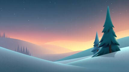 Fototapeta premium Serene Winter Landscape at Dusk with Pine Trees and Gentle Hills Under a Starry Sky in a Colorful Gradient of Blues and Oranges