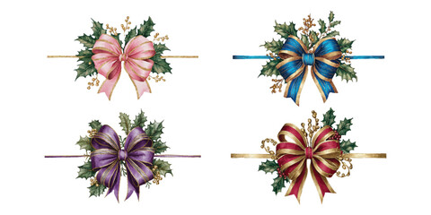 Set of Elegant Christmas Bow Watercolor Illustrations