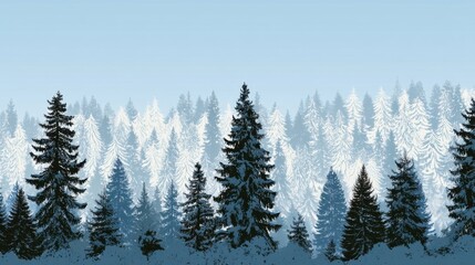 Snowy Winter Forest Landscape with Tall Evergreen Trees and Scenic Blue Sky Background for Nature and Travel Themes
