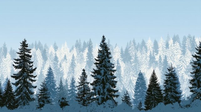Snowy Winter Forest Landscape with Tall Evergreen Trees and Scenic Blue Sky Background for Nature and Travel Themes - Powered by Adobe
