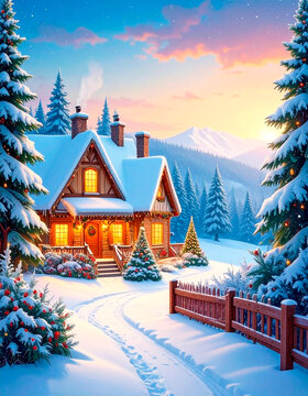 Paisaje de navidad con una casa cubierta de nieve y pinos de fondo.