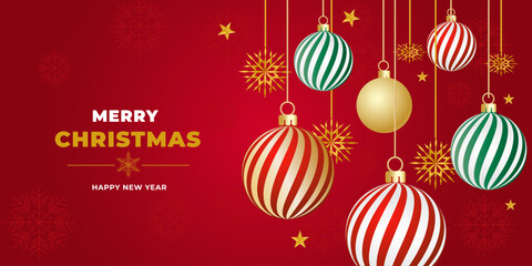 Merry Christmas banner and Happy New Year card for festive winter holiday for sale, web store. Christmas tree and red ball Xmas background flyer in vector
