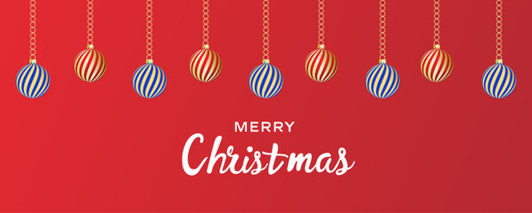 Merry Christmas and Happy new year sale ornaments, and gold star and snowflakes, lights. Holiday greeting card banner design on red background, Vector illustration