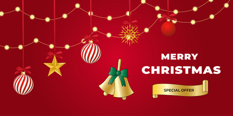 Merry Christmas and Happy new year sale ornaments, and gold star and snowflakes, lights. Holiday greeting card banner design on red background, Vector illustration