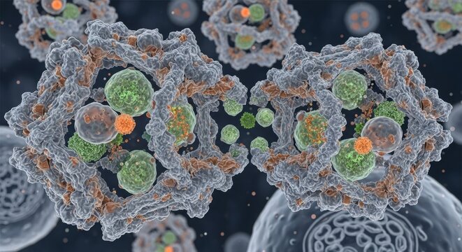 Intricate molecular complex displays subunits interacting within a cellular environment