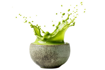 Vibrant Green Matcha Tea Splashing Dynamically from a Ceramic Bowl
