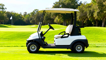 White golf cart parked on a lush green golf course with a flag in the distance under a clear blue sky providing transportation and recreation for golfers enjoying a sunny day on the links