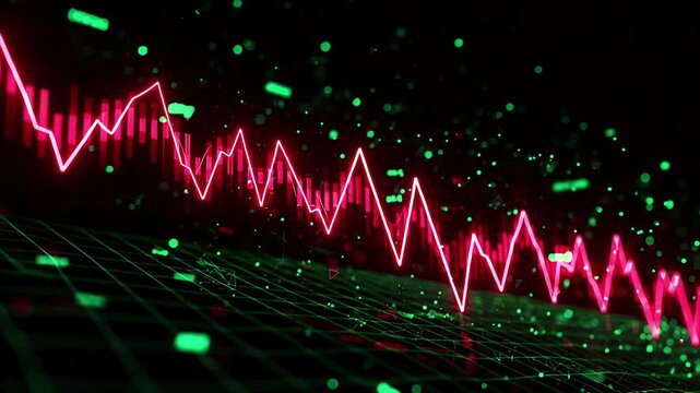 Decreasing graph with red neon line on green grid background footage