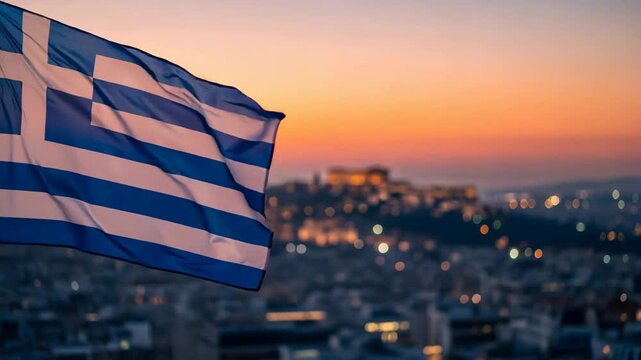 Greek flag waving over city at sunset. National independence day holiday celebration with scenic urban view background. - Powered by Adobe