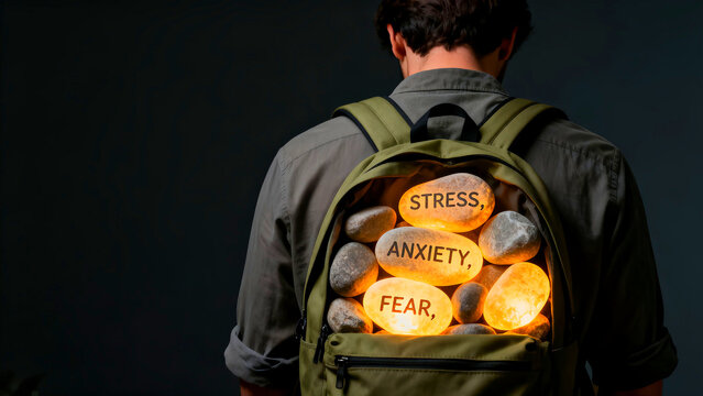 Man carries backpack filled with glowing stones labeled stress anxiety and fear representing mental health burdens and emotional weight on a dark background symbolizing challenges