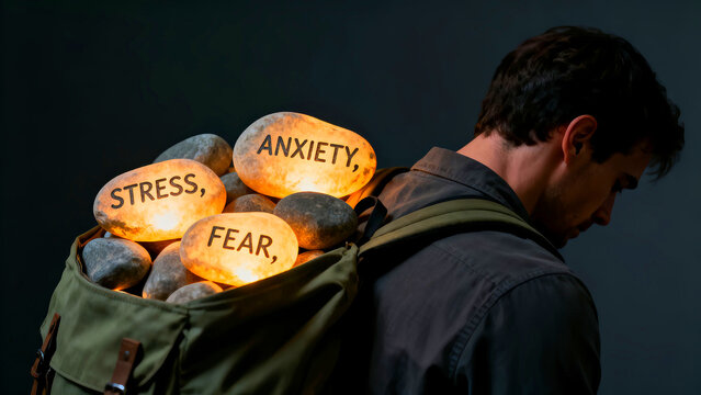 Man carries a heavy backpack filled with glowing stones labeled stress anxiety and fear depicting the burden of mental health challenges and emotional weight on individuals in a symbolic representatio