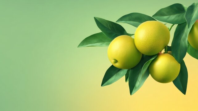 Fresh citrus fruits on green and yellow gradient background with vibrant green leaves creating a refreshing and lively botanical theme for advertising or packaging