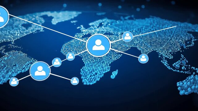 Digital Global Social Network Connection Blue World Map with People Icons, Big Data, and Telecommunication Technology