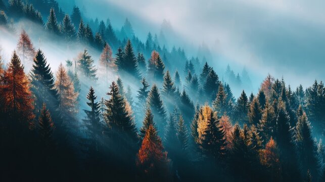 Misty Forest Landscape with Evergreen Trees, Autumn Foliage, and Soft Light Creating a Serene and Tranquil Atmosphere in Nature