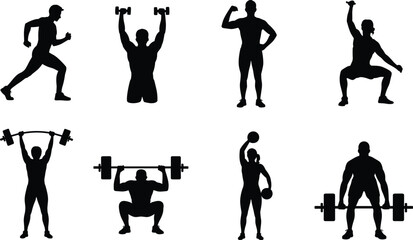 Fitness and bodybuilding silhouette vector illustration showing men and women weightlifting, training, exercising, workout, and strength poses for gym design
