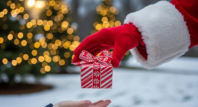 A vertical striped gift box with a red bow is held by a hand in a classic red Santa suit, surrounded by snow and holiday lights.