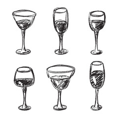 Set of hand drawn wine and champagne glasses Alcohol drink clipart in doodle style Single element for print, web, design, decor Happy New Year