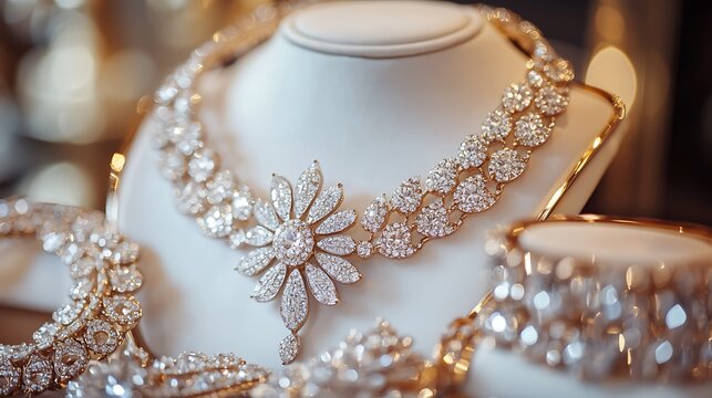 Exquisite diamond necklace and bracelet displayed on a jewelry mannequin showcasing luxury and elegance in fine jewelry design