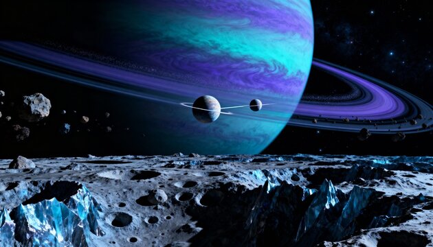 View of a ringed planet and two moons from a cratered surface in deep outer space scene - Powered by Adobe