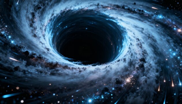 A swirling black hole in space, surrounded by nebulae, stars, and cosmic dust. - Powered by Adobe