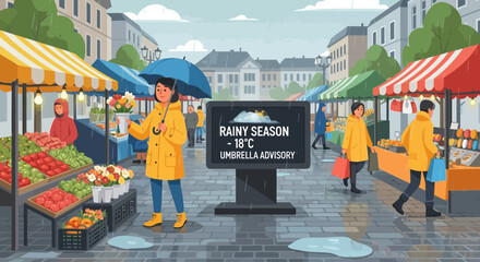 Fototapeta premium Rainy Day Market Scene: People Shopping for Fresh Produce and Flowers in the Rain