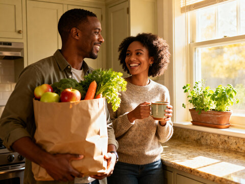 Happy African American couple in kitchen. Man carries groceries, woman holds mug by the window. Bright, healthy lifestyle. - Powered by Adobe