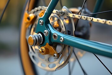 Close up detailed view of a vintage bicycle rear wheel hub and chain with golden accents and teal frame