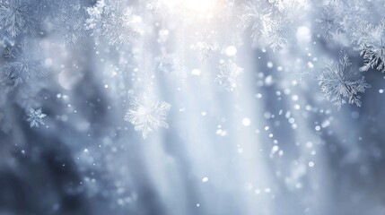 Fototapeta premium Serene Winter Wonderland with Falling Snowflakes and Soft Light Streaming Through a Frosty Landscape Creating a Magical Atmosphere