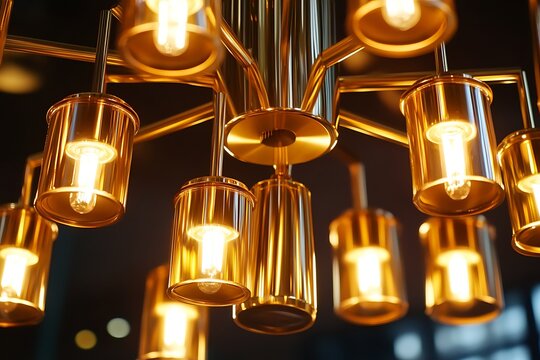 Warm glowing pendant lights with amber glass shades hanging from a modern chandelier in a dimly lit room - Powered by Adobe