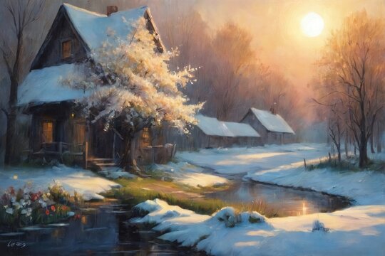 A serene winter scene bathed in golden sunset light, featuring cozy snow-covered cottages with warm glowing windows nestled beside a frozen stream. Bare trees stand silhouetted against the soft glow o