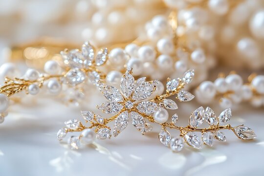 Close up of a delicate sparkling crystal floral hair accessory intertwined with soft luminous pearls on a bright background