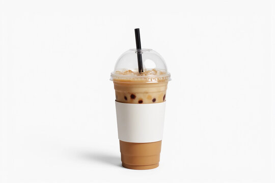 Iced latte coffee in a clear plastic cup with black straw and blank white sleeve isolated on white background, perfect for branding, packaging mockup, beverage advertising design.