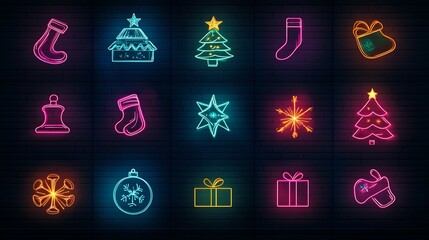 Collection of vibrant neon christmas icons including stockings trees snowflakes bells and gifts on a dark background