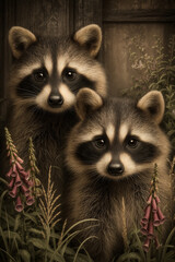 Obraz premium Two Young Raccoons Closeup Animal Portrait, Wood Fence Foxglove Flowers, Vertical Illustration