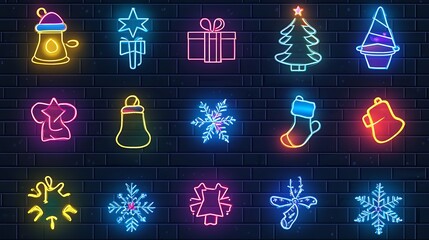 Collection of vibrant neon christmas holiday icons and symbols glowing brightly against a dark brick wall background