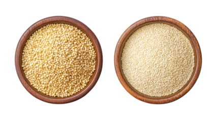 Whole millet grains with millet powder overhead side by side on transparent background