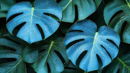 Close-up of several vibrant, blue-toned Monstera deliciosa leaves with water droplets