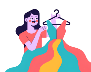 A young woman considers a colorful flowing dress on a hanger