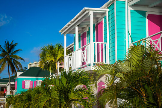 Typical traditional bright colourful gingerbread architecture of the Caribbean