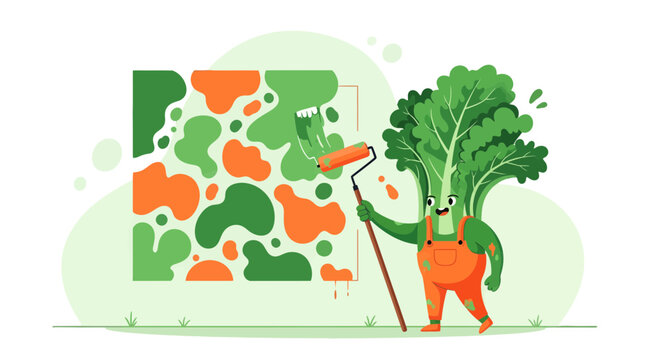 A Cheerful Vegetable Person Painting Abstract Art with a Paint Roller Cartoon