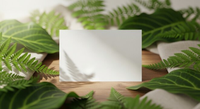 Blank card amidst lush greenery with sunlight and shadows