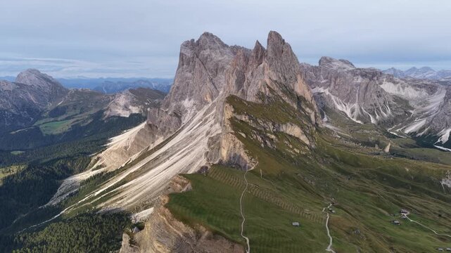 Cinematic aerial video of the Seceda mountain ridge line in the Italian Dolomites