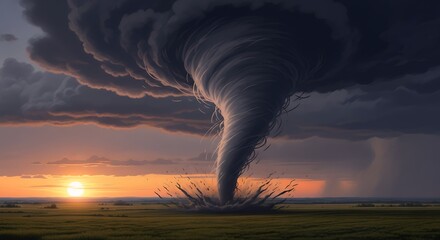 Tornado Touching Ground During Sunset in Flat Landscape with Dark Storm Clouds
