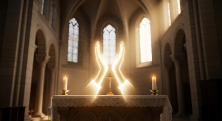 Glowing Hands Raising Prayer Candles in Church with Bright Light and Stained Glass Windows