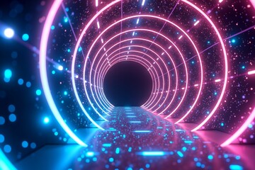 Neon-lit futuristic tunnel with glowing blue and pink rings, digital patterns, leading into cosmic void. Sci-fi cyberpunk aesthetic.