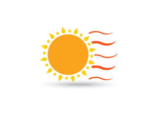 bright yellow sun with droplet shaped rays and orange heat waves on white background